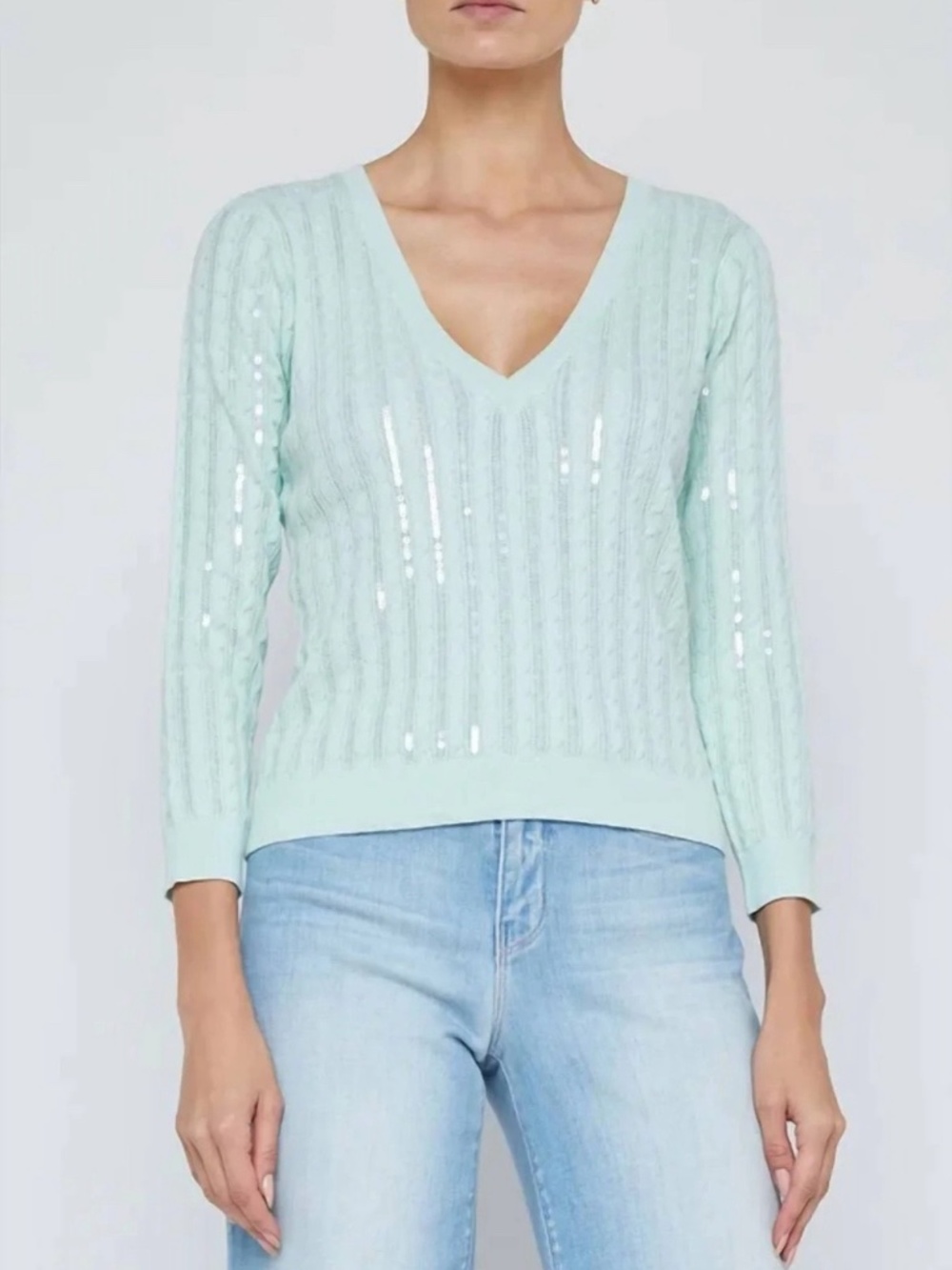 NEW! L'Agence Trinity Sequin Stripe Cable V-Neck Sweater Pale Green Size S $425